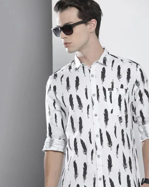 Feather Print Shirt with Patch Pocket