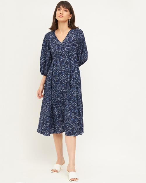 Printed V-Neck Fit & Flare Dress