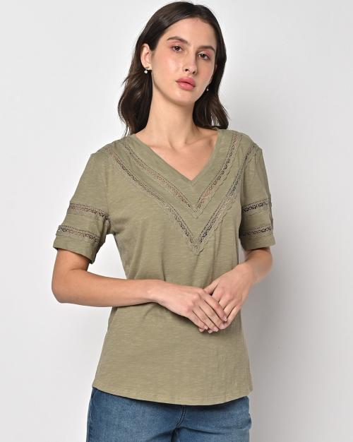 Pure Cotton V-Neck Lace Insert T-Shirt