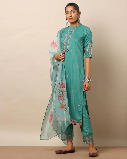 Embroidered Art Silk Straight Kurta Set with Organza Dupatta