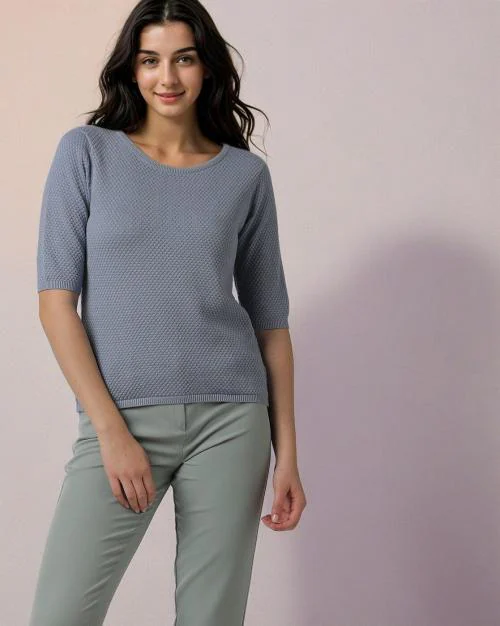 Popcorn-Knit Round-Neck Pullover