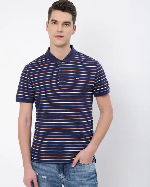 Buy Regular Fit Striped Polo T-Shirt with Logo Applique Online at Best ...