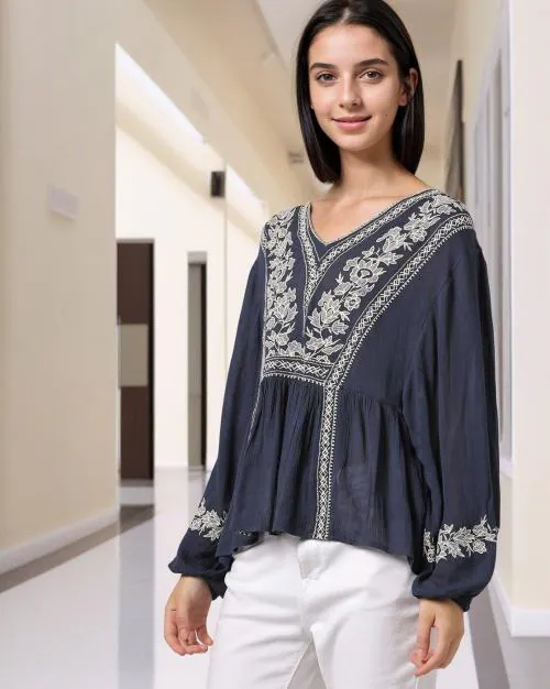 Embroidered V-Neck Peplum Top