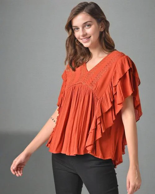 Ruffle Detail Boho Top With Lace Insert