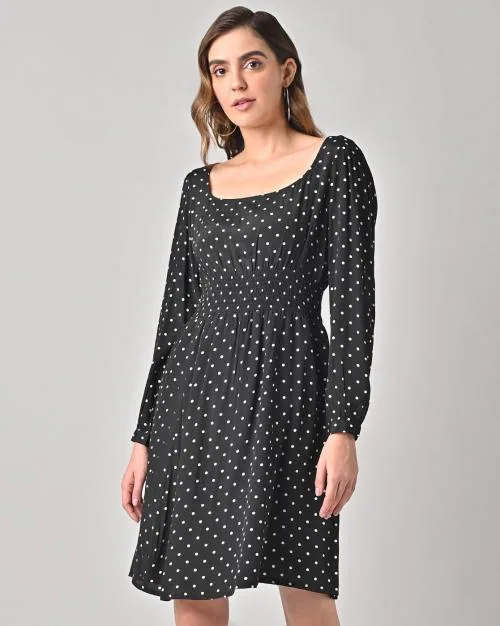 Square Neck Cinched Waiste Polka Print Dress