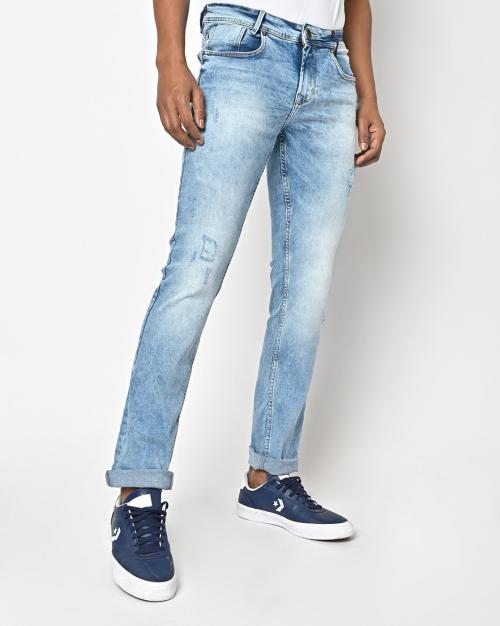 Heavily Washed Distressed Slim Fit Jeans
