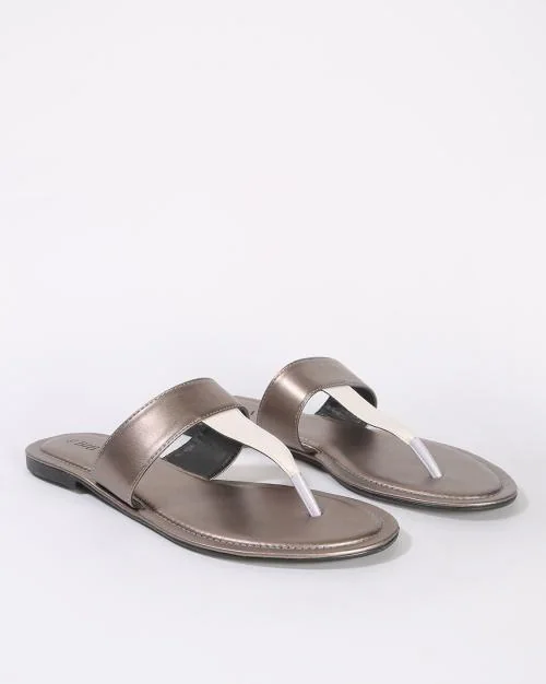 Metallic T-Strap Flat Sandals