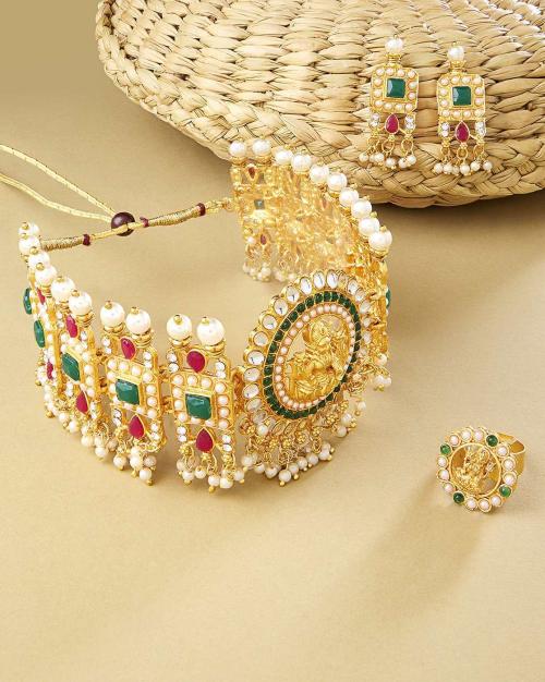Buy GoldPlated Pearl Choker Necklace with Earrings & Ring Online at