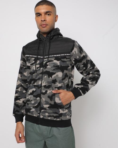 Camo Print Zip-Front Hoodie with Kangaroo Pocket