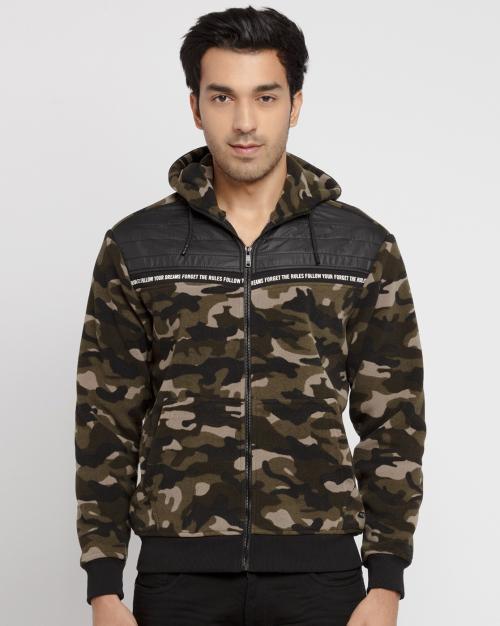Camo Print Zip-Front Hoodie with Kangaroo Pocket