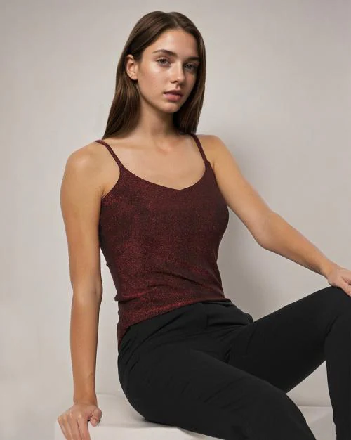 Women Metallic Strappy Fitted Top