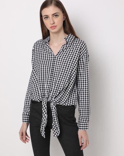 checked shirt with tie up