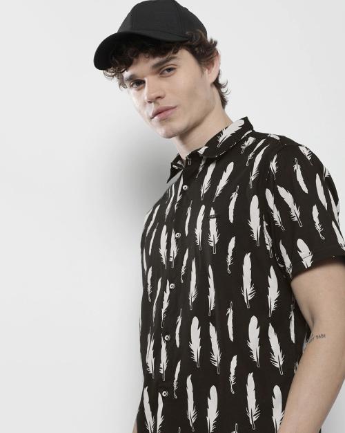 Feather Print Shirt with Spread Collar