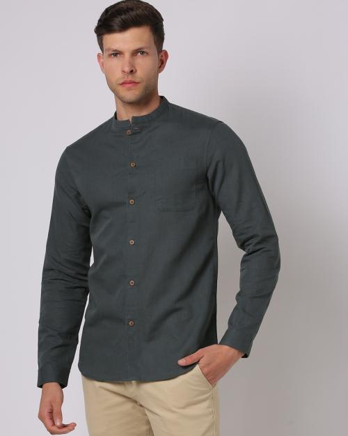 Band Collar Linen Blend Shirt