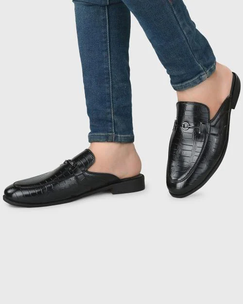 Croc-Embossed Mules with Metal Accent