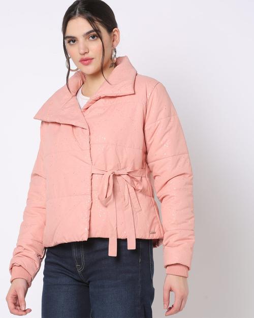 Pia Glitter Print Tie-Front Puffer Jacket