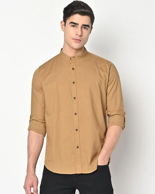 Band-Collar Cotton Shirt