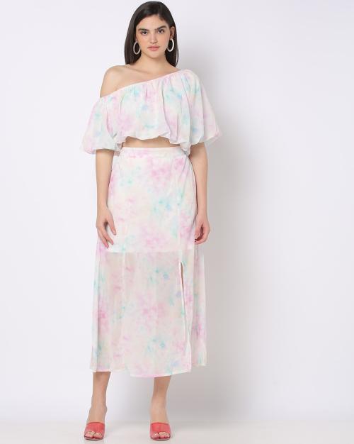Printed One-Shoulder Top with Skirt Co-Ord Set