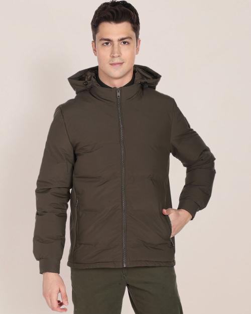 Men Regular Fit Bomber Jacket with Detachable Hood