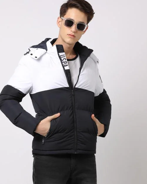 Men Colourblock Regular Fit Hooded Puffer Jacket