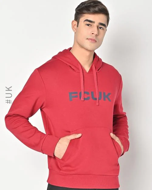 Logo Print Slim Fit Hoodie with Kangaroo Pocket
