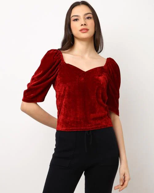 Velvet Top with Puff Sleeves