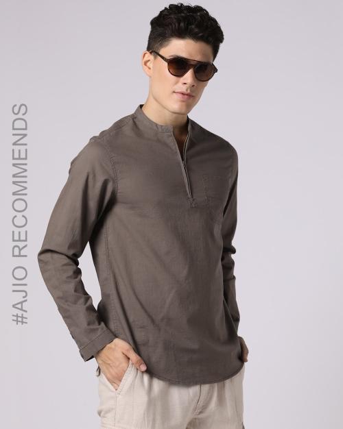 Kurta Style Shirt with Zippered Neck Band Collar