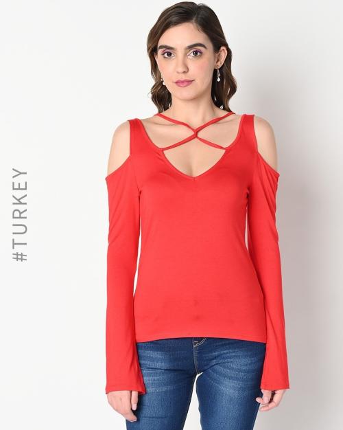 Fitted V-Neck T-Shirt with Cutouts