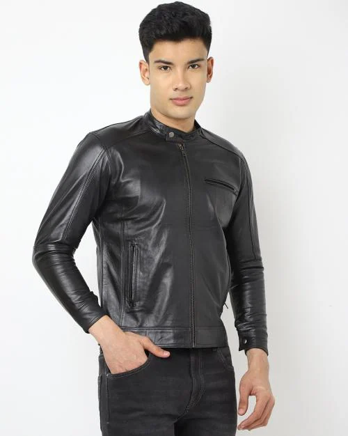Genuine Leather Zip-Front Biker Jacket