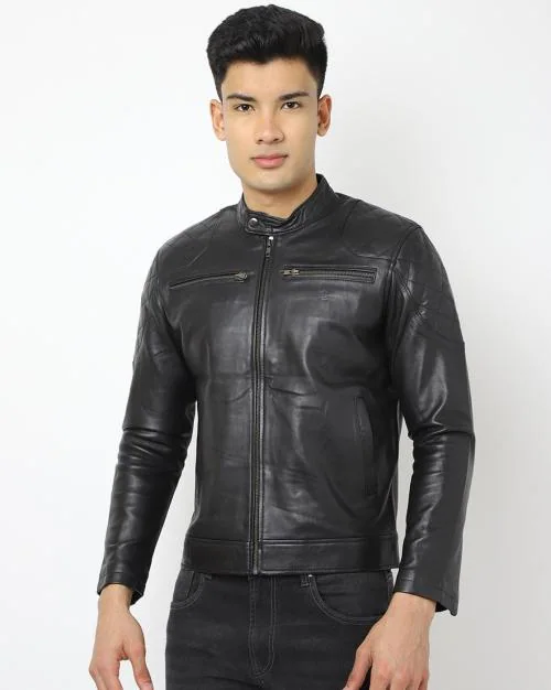 Genuine Leather Zip-Front Biker Jacket