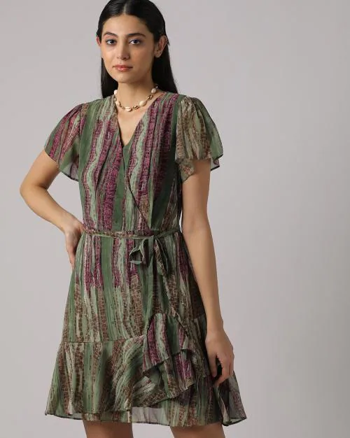 Printed V-Neck Wrap Dress