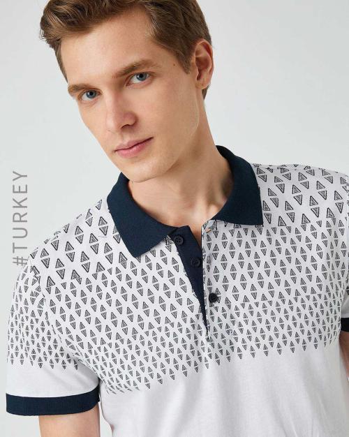 Regular Fit Geometric Print Polo T-Shirt with Ribbed Hem