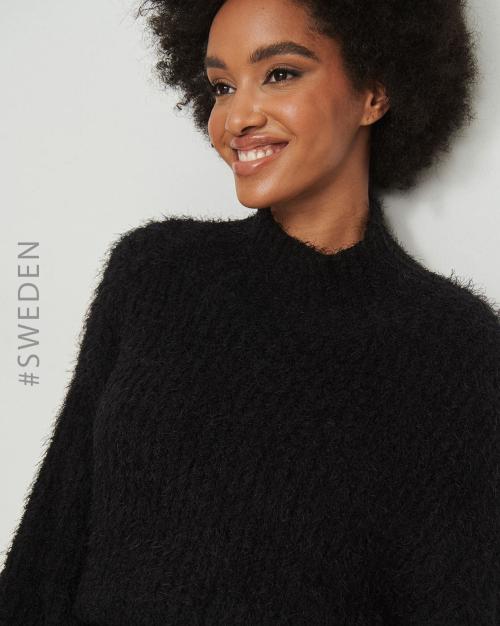 Fluffy Ribbed Pullover with Mock Collar