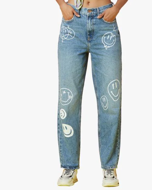Smiley Print Straight Fit Jeans