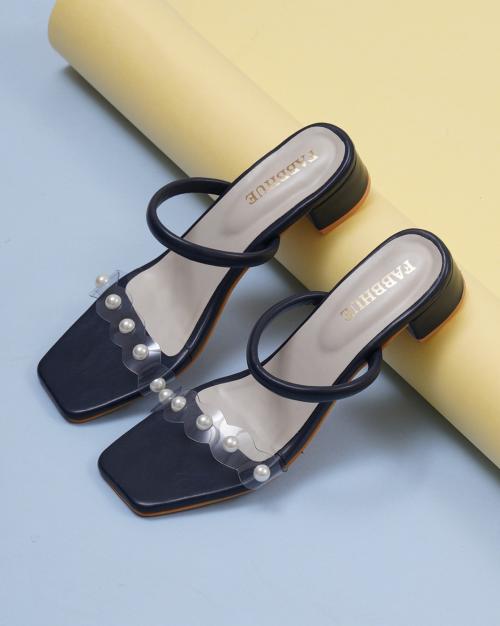 Block Heeled Sandals with Pearl Applique
