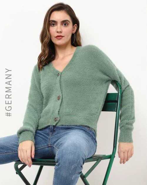 Fluffy-Knit V-Neck Cardigan