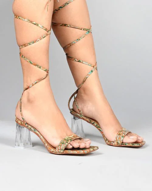 Paisley Print Tie-Up Chunky Heels