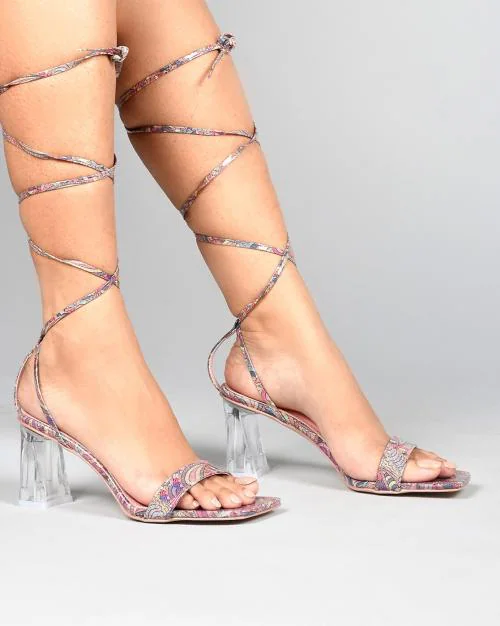 Paisley Print Tie-Up Chunky Heels