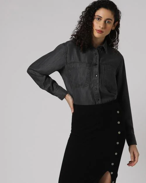 Buy Denim High-Low Shirt with Patch Pockets Online at Best Prices in ...