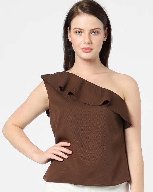 Nayla One-Shoulder Top with Ruffled Overlay