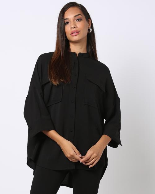 High-Low Oversized Shirt with Flap Pocket