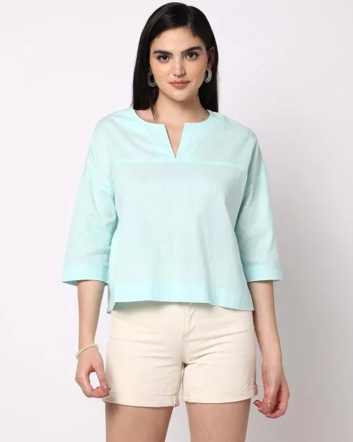 Notch Neck Top With Three-Quarter Sleeves