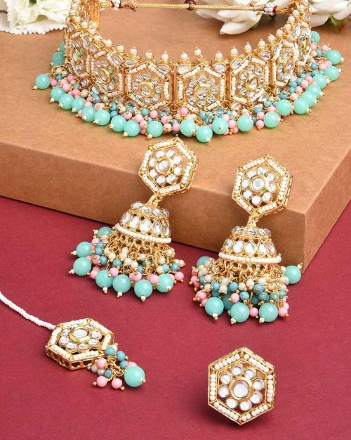ZPFK14649 Cluster Beads Drop Floral Kundan Jewelry Set