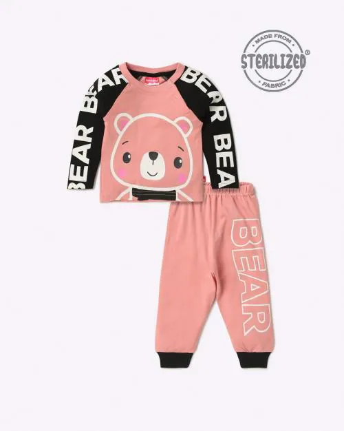 Teddy Bear Face Print Cotton Co-Ord Set