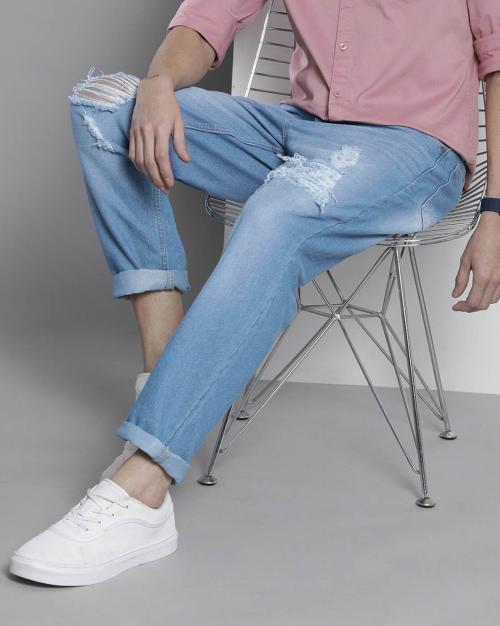 Heavily Washed Distressed Relaxed Fit Dad Jeans