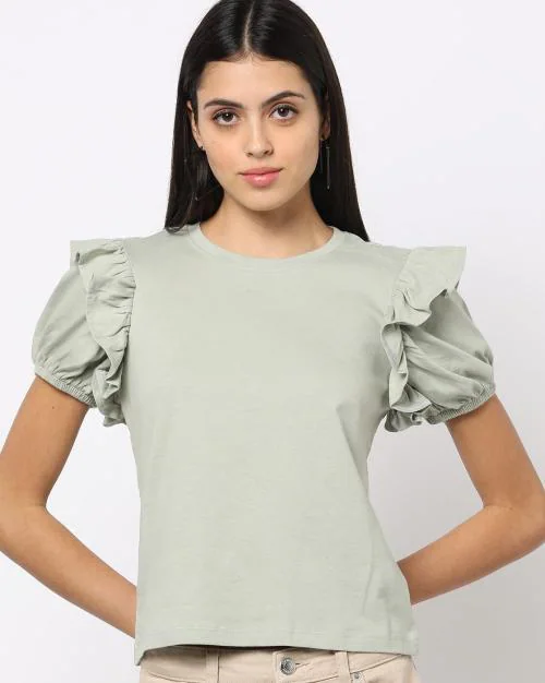 Round-Neck Ruffled Puff Sleeve Top