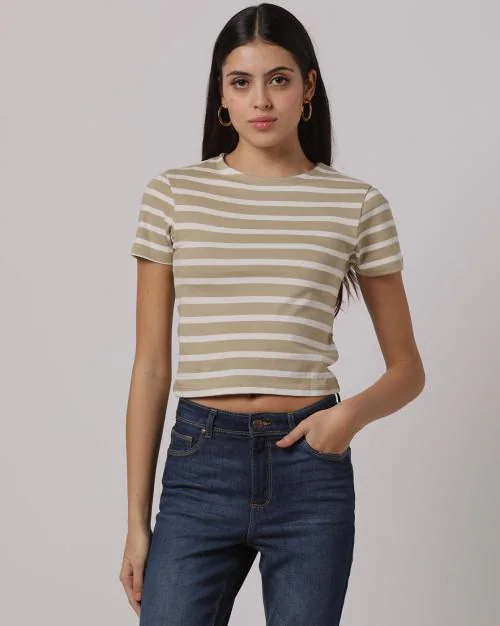 Striped Slim Fit Crew-Neck Crop T-Shirt