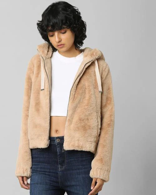 Faux-Fur Hooded Jacket with Insert Pockets