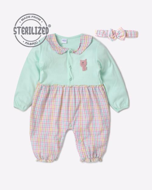 Checked Cotton Romper with Headband JioMart