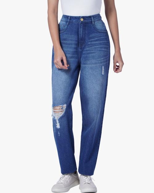 Lightly Washed Distressed Boyfriend Jeans